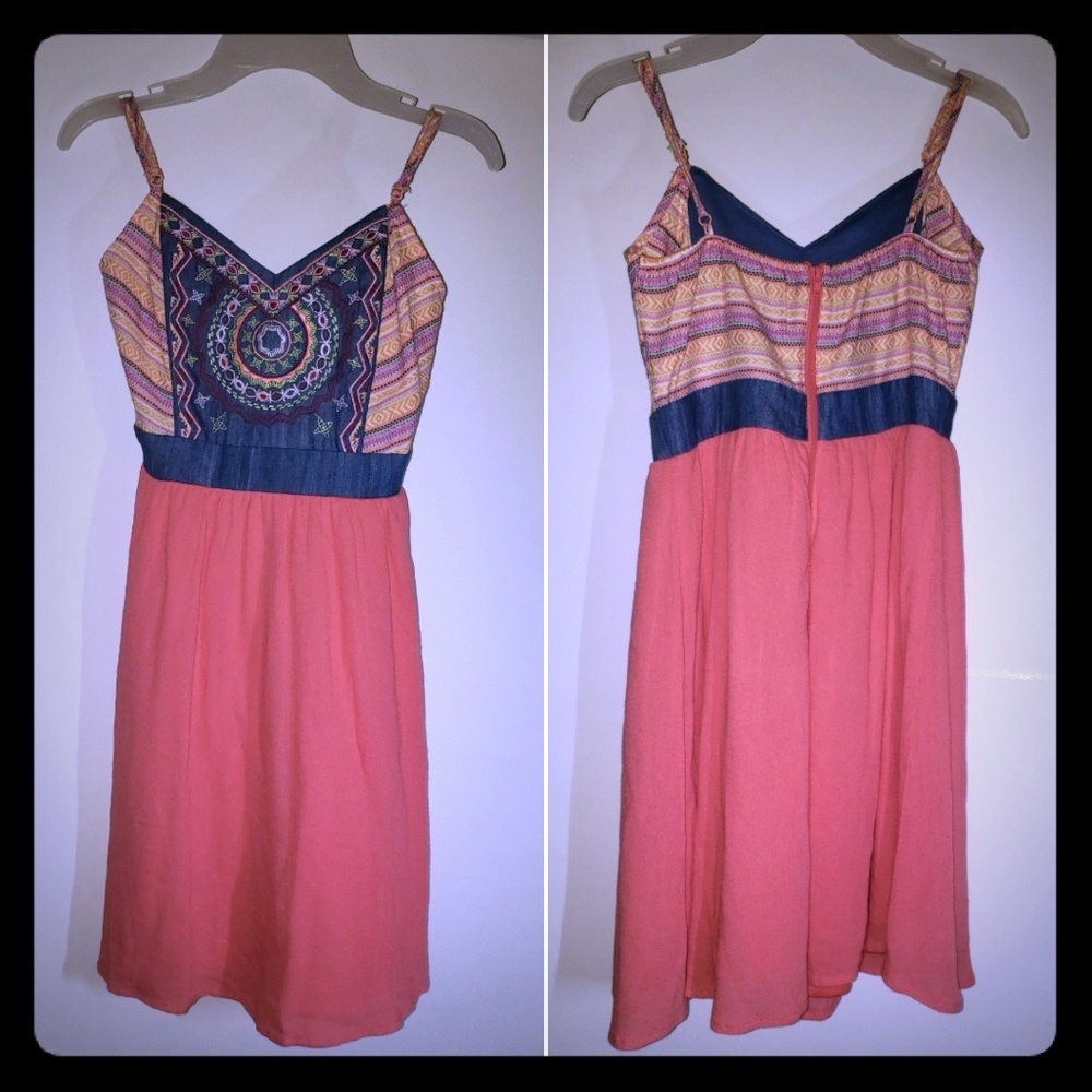 Flying Tomato Coral Pink & Navy Embroidered Mini Dress